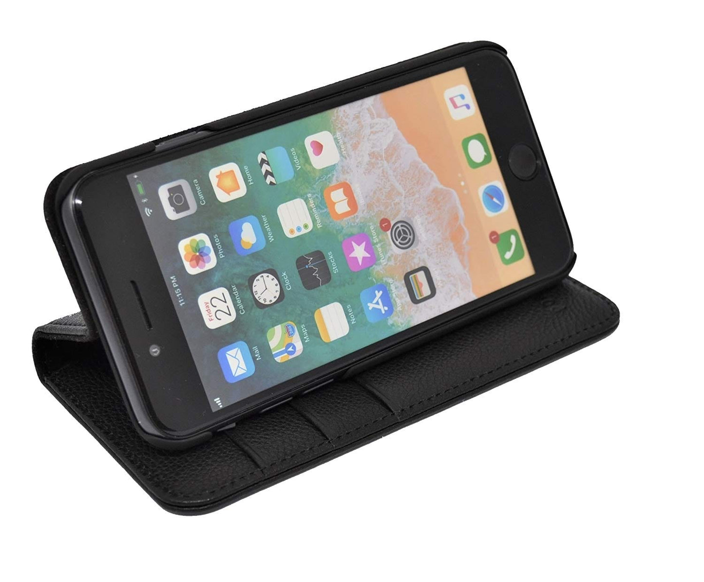 iPhone 5S / 5 Leather Case. Premium Slim Genuine Leather Stand Case/Cover/Wallet (Pure Black)